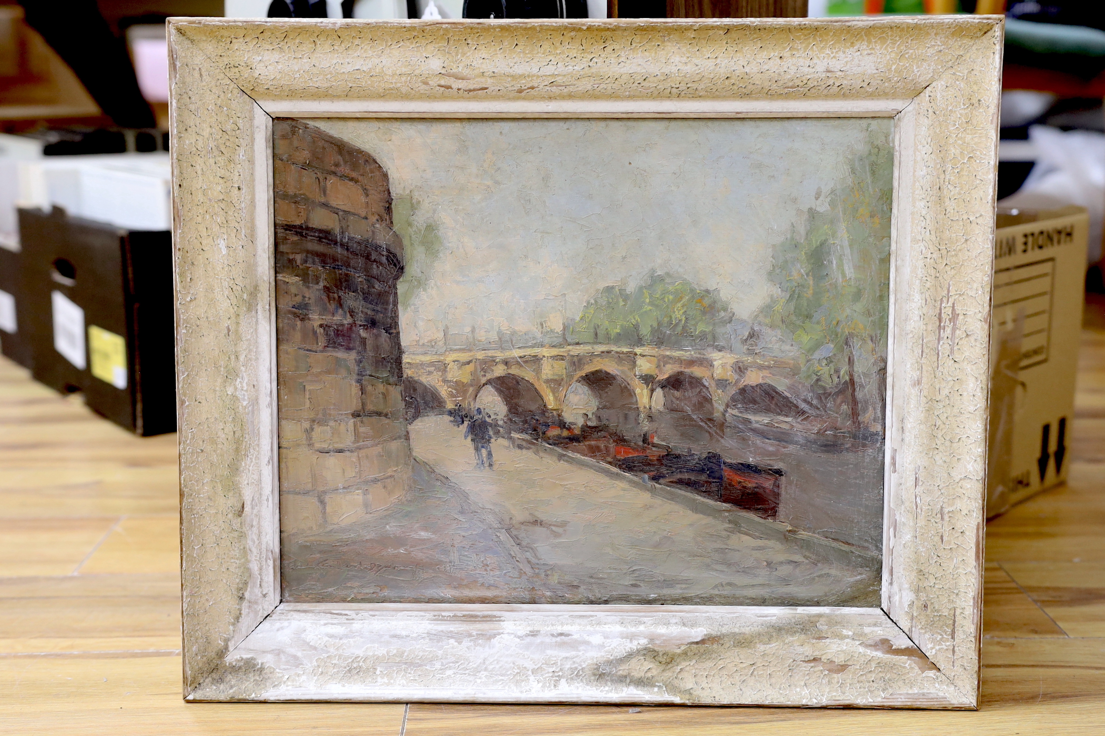 Alexander Gabriel Gaillard-Deschamps, oil on board, Bridge over the Seine, indistinctly signed, 32 x 40cm